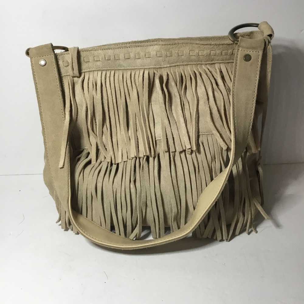 Guess Women’s Cream Genuine Suede Fringed Shoulder Bag Purse - Picture 1 of 9